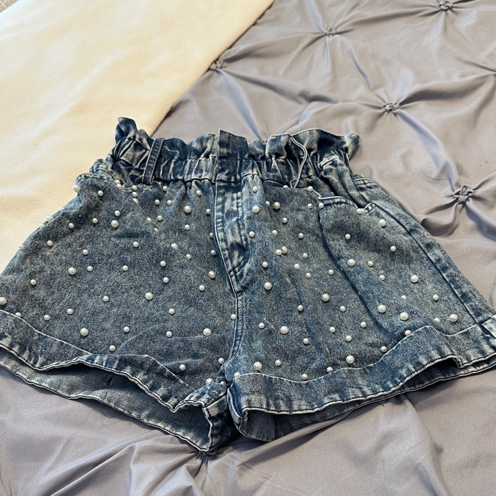 Fantastic Fawn Pearl-Embellished Denim Blue Jean Shorts